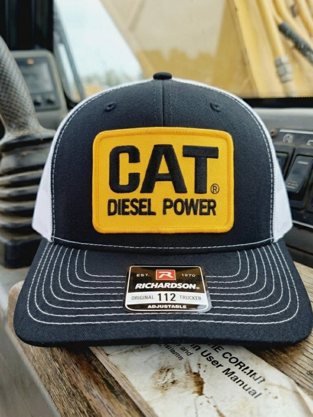 Diesel Power Heavy Equipment Patch Black White Richardson 112 Trucker Hat Retro
